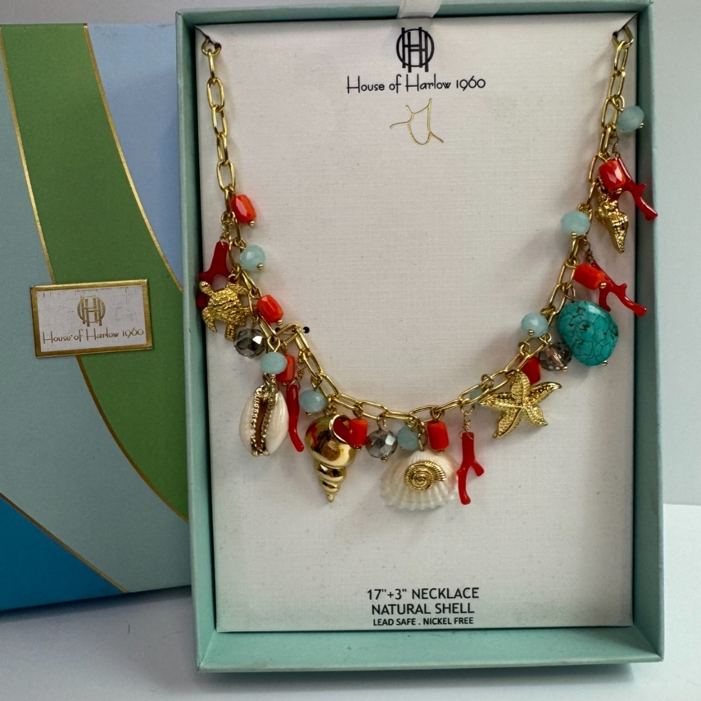 House of Harlow 1960 Gold Shell and Multicolor Necklace 17 + 3”